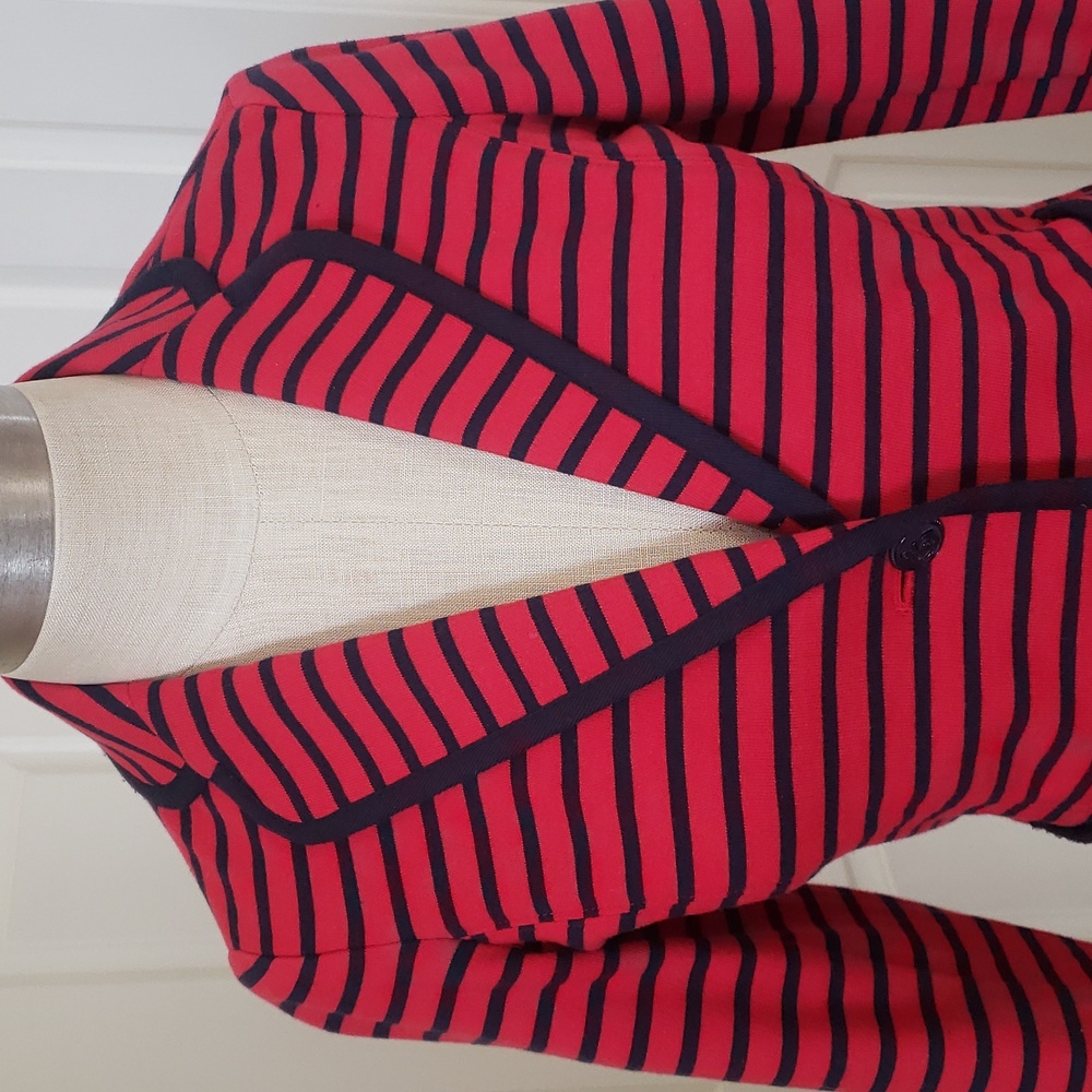 TALBOTS Nautical Striped Knit Blazer Jacket Red Navy XS Petite Anchor Button - Picture 7 of 12